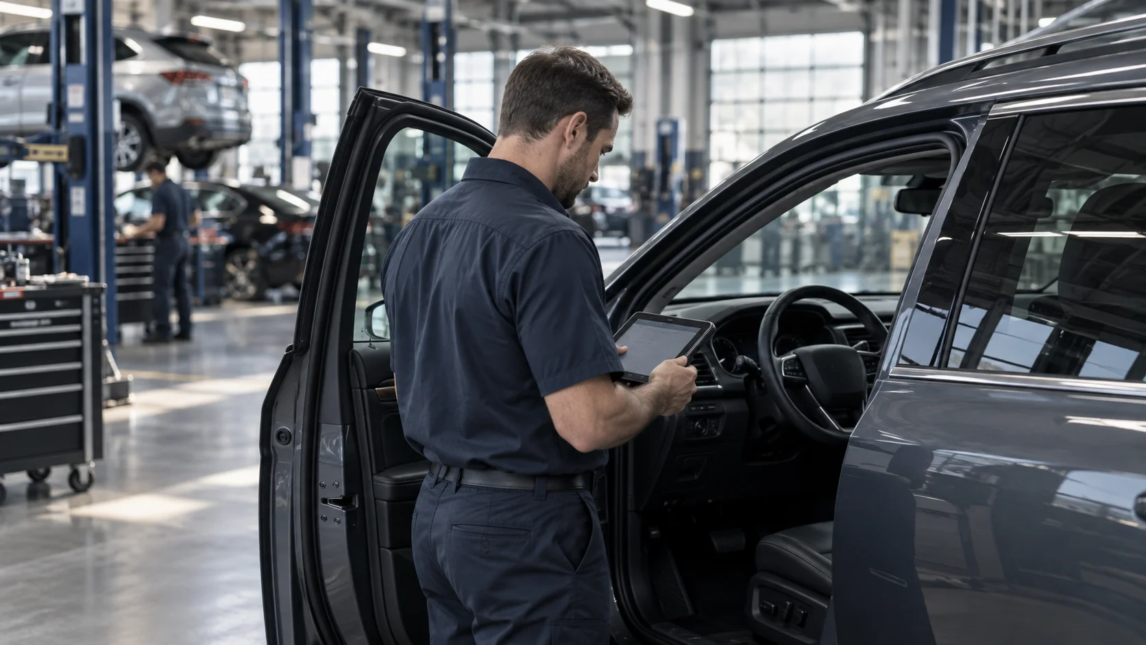 Conceptual scene of an automotive technician inspecting a vehicle in a professional workshop