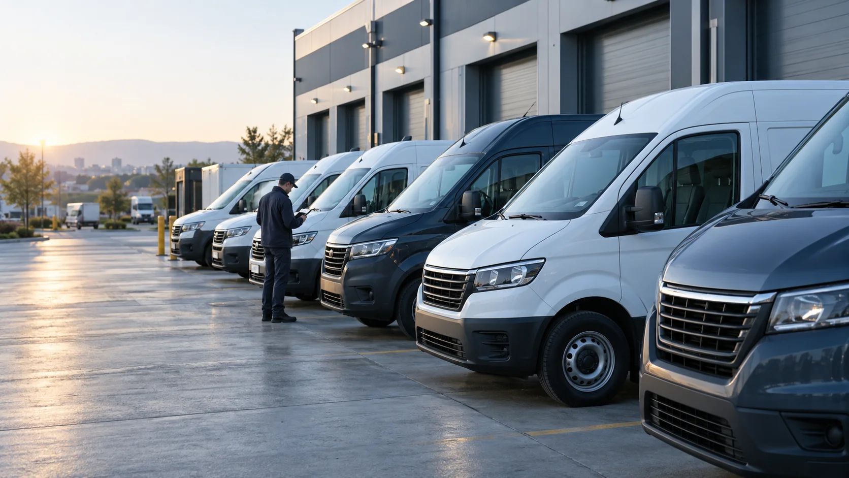Conceptual view of commercial vans ready for the day at a fleet depot