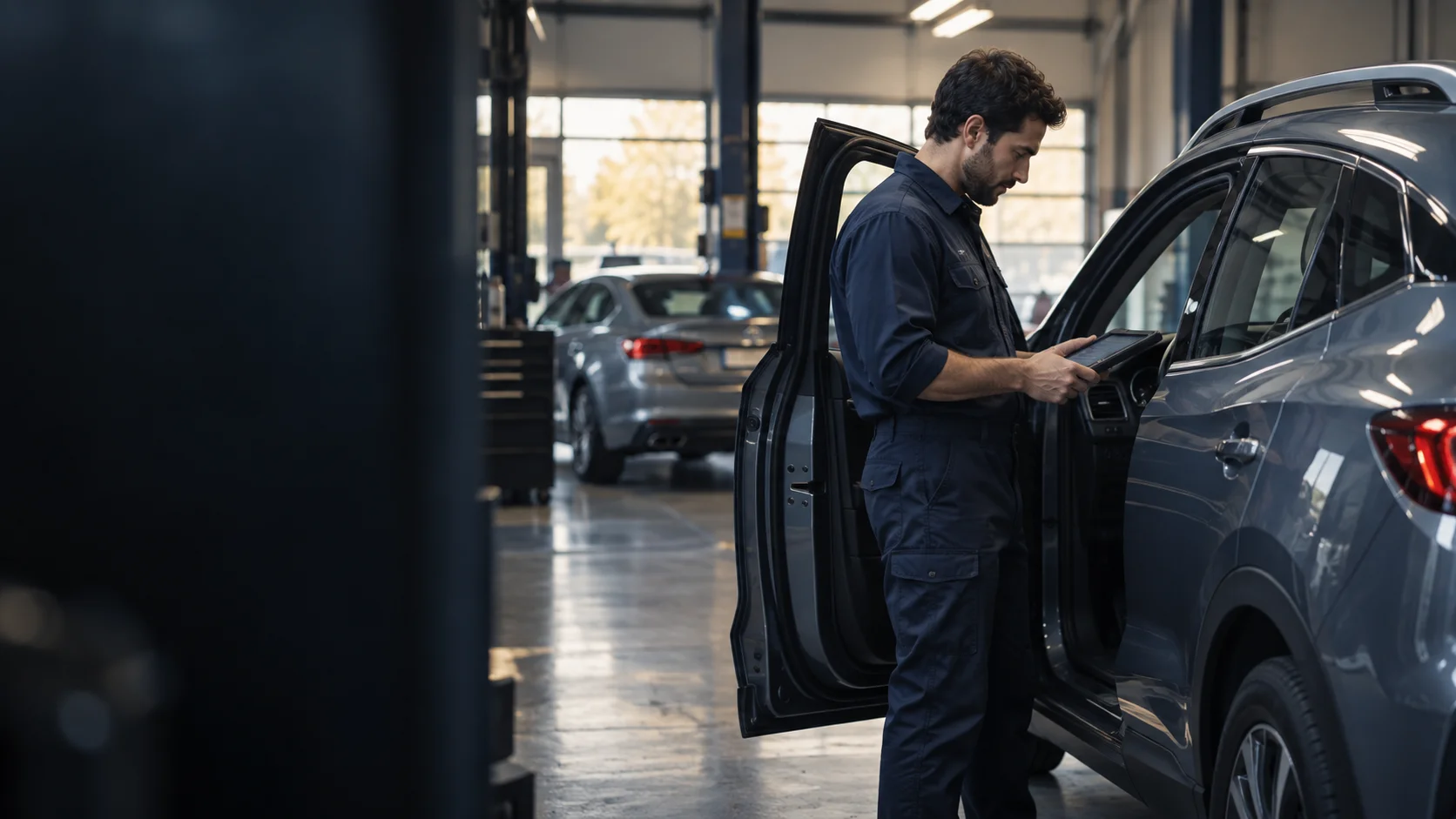 Technician reviewing vehicle configuration