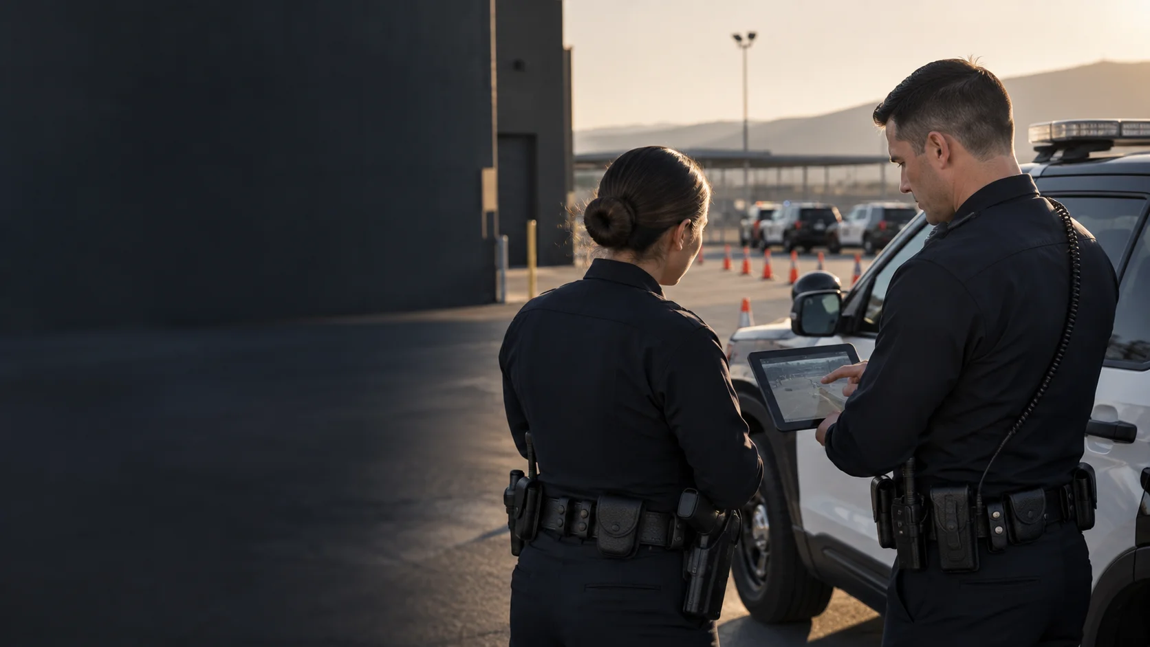 Illustration of officers reviewing information beside a patrol vehicle