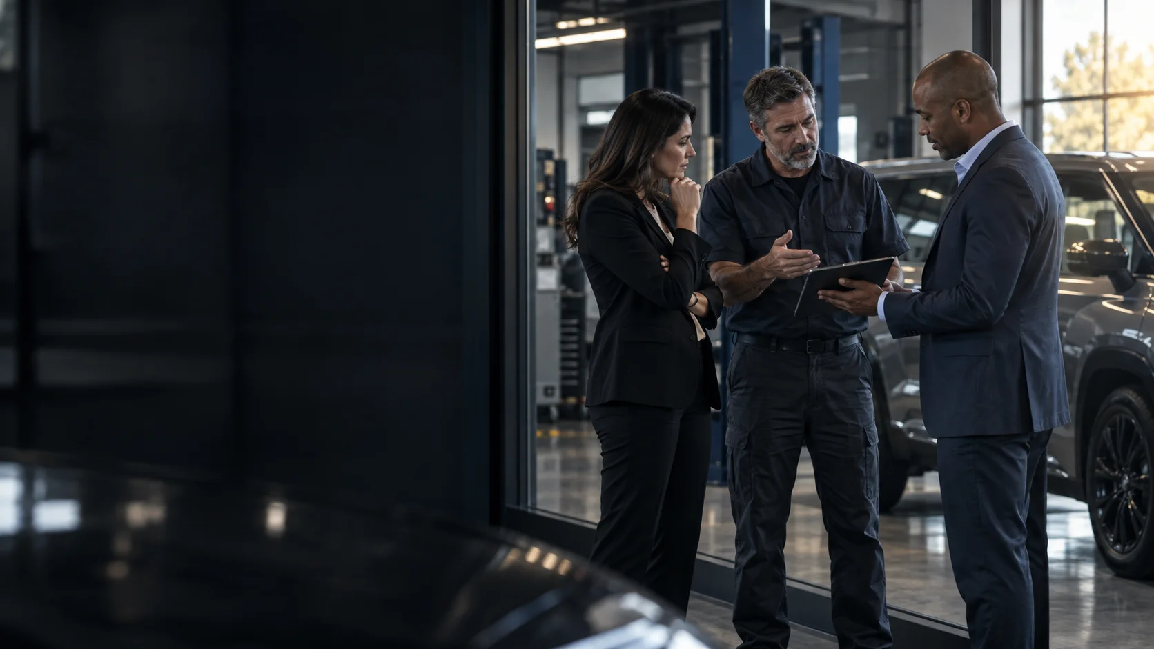 Illustration of professionals meeting at an automotive facility