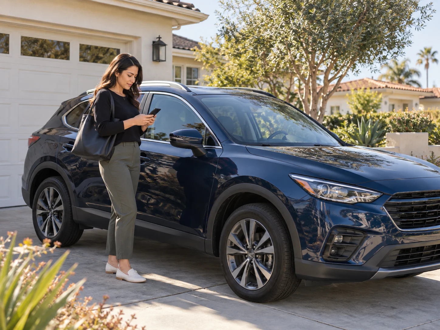 A vehicle owner checking their phone beside a parked car before the workday